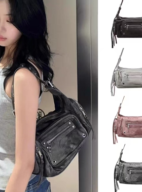 Blackpurple韩国小众复古机车风多口袋时尚单肩腋下手提斜挎包包
