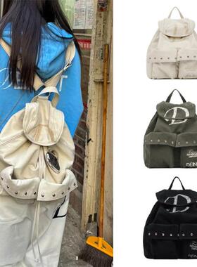 韩国小众品牌Deinet双肩包大号抽绳口袋铆钉帆布背包
