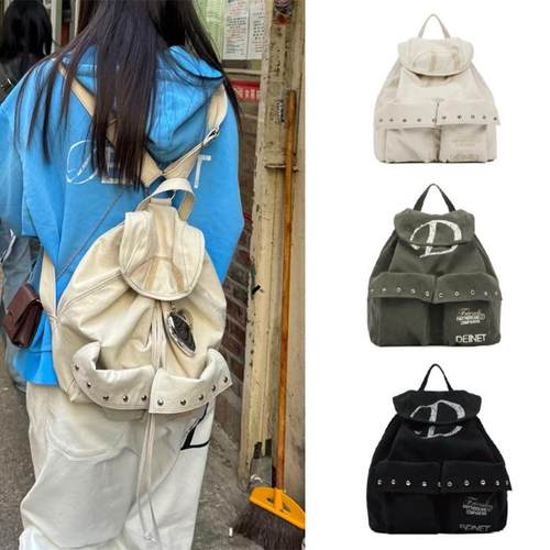韩国小众品牌Deinet双肩包大号抽绳口袋铆钉帆布背包