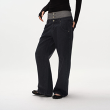 Metaricotta 设计感双腰头铆钉拼色休闲牛仔长裤