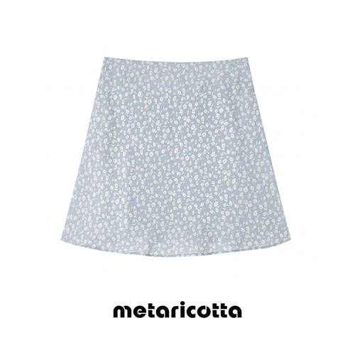Metaricotta 浅蓝法式碎花印花气质复古显瘦A字半身裙子女