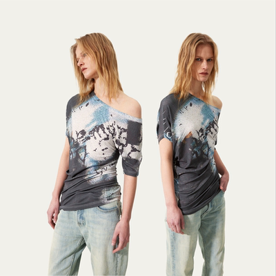 Meta Ricotta 原创满印设计斜肩收腰复古慵懒短袖T恤