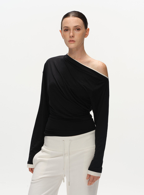 Metaricotta 假两件斜肩收腰长袖堆叠感显瘦上衣女