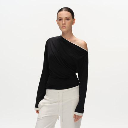 Metaricotta 假两件斜肩收腰长袖堆叠感显瘦上衣女