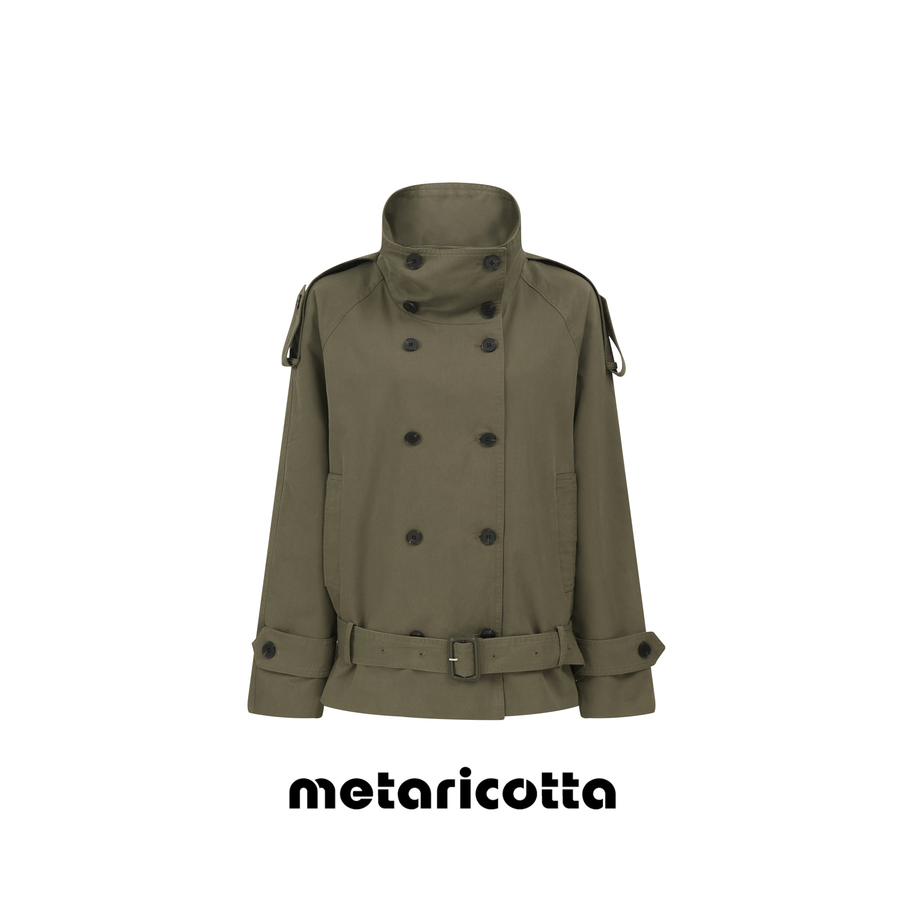 Metaricotta   复古立领双排扣收腰中短款风衣夹克外套