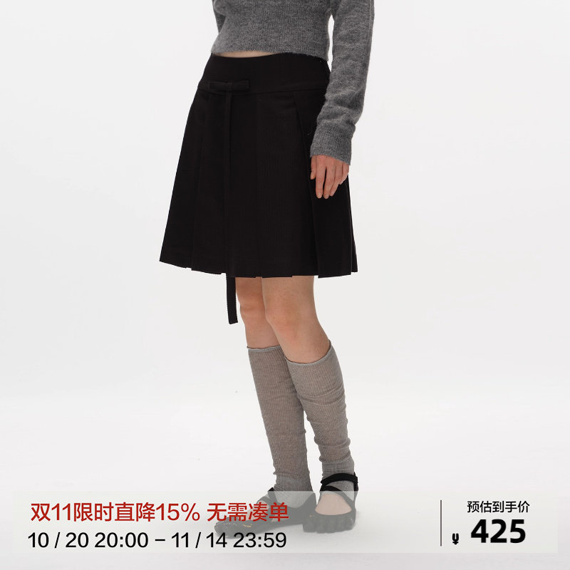 Metaricotta 蝴蝶结高级质感复古百褶半身裙黑色