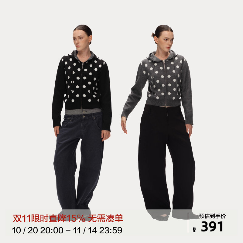 Metaricotta 波点拼接连帽针织开衫外套女显瘦短款毛衣