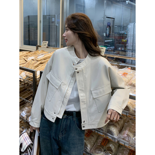 白色PU皮衣外套女短款2025秋新款韩系宽松小个子漂亮洋气机车夹克