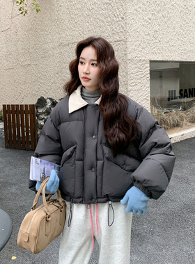 灰色撞色翻领泡芙90绒羽绒服女冬季2025年新款小个子短款保暖减龄