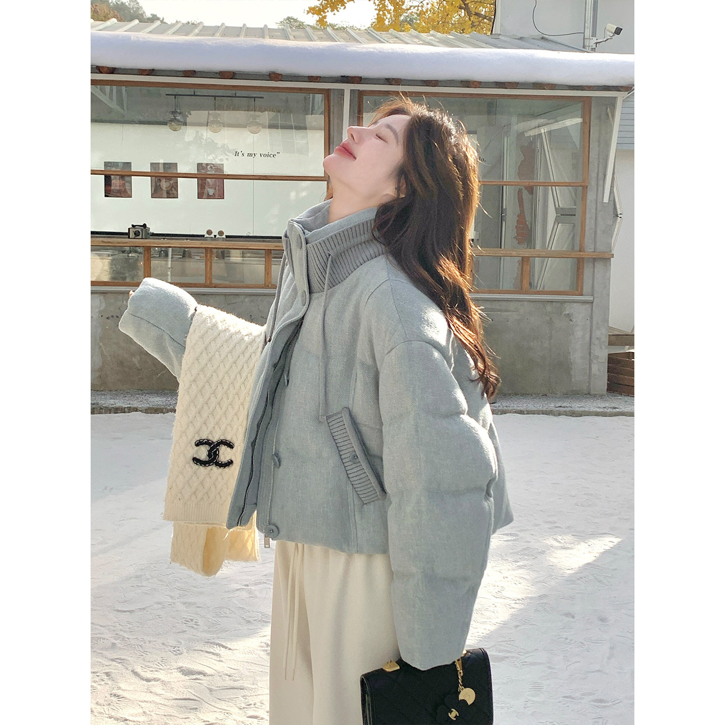 灰蓝色立领针织拼接90绒羽绒服女冬季2025新款小个子短款厚实保暖