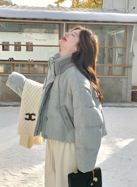 灰蓝色立领针织拼接90绒羽绒服女冬季2025新款小个子短款厚实保暖