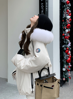 粉紫色工装派克羽绒服女冬季2025新款宽松极寒保暖90白鸭绒厚外套