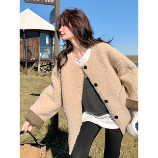 米杏色皮毛一体羊羔毛外套女2025年冬季新款韩小个子短款加厚棉服