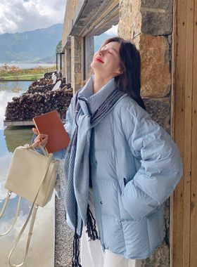 时尚韩系设计感90白鸭绒针织蓝色羽绒服女冬季新款时髦立领面包服