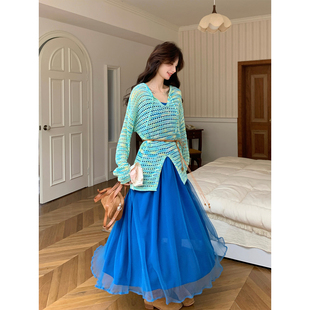 度假风镂空罩衫两件套女2026春季新款蓝色显瘦套装绝美网纱长裙子