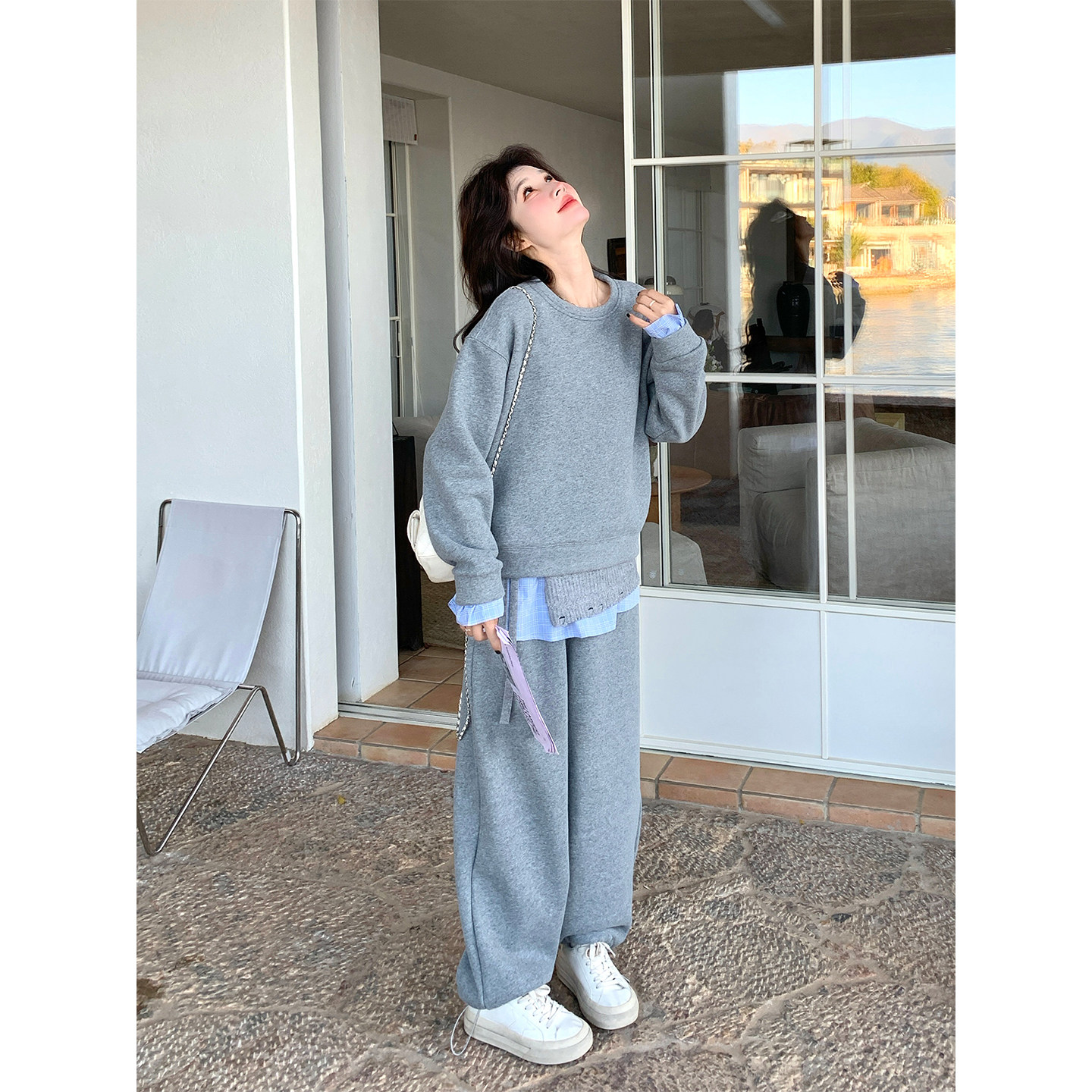 韩系设计感休闲运动服套装女春秋松弛感拼接假两件卫衣长裤两件套