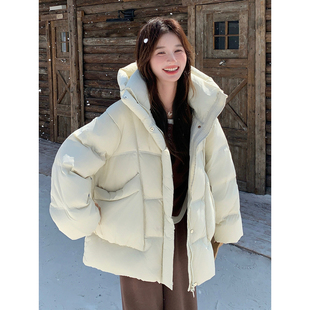 米白色短款连帽泡芙羽绒服女冬2025新款今年流行爆款白鸭绒面包服
