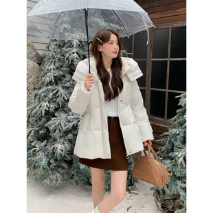 蓝色立领连帽收腰显瘦泡芙白鸭绒羽绒服女冬2025新款小个子中长款