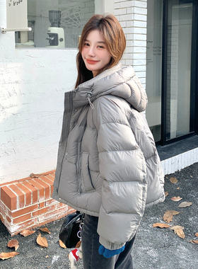 灰色短款连帽羽绒服女冬2025新款韩版简约小个子爆款90白鸭绒外套
