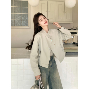 白色PU皮衣外套女短款2025秋新款韩系宽松小个子漂亮洋气机车夹克