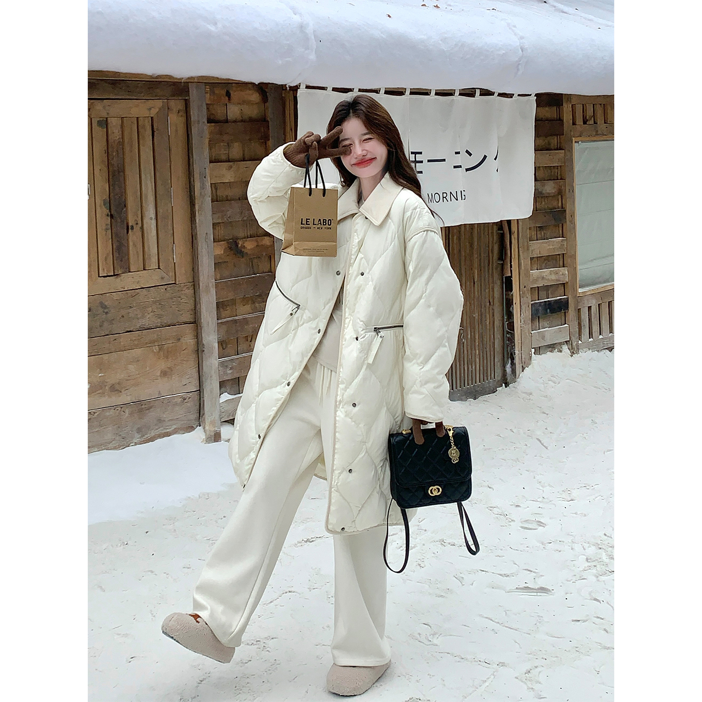 千金感翻领菱格中长款羽绒服外套女冬2025新款显瘦保暖白鸭绒爆款