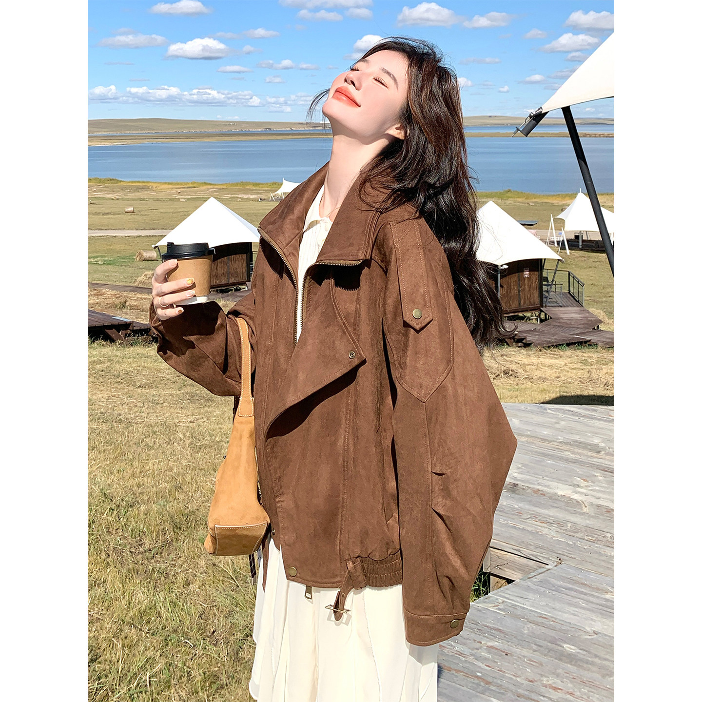 春秋新款麂皮绒机车夹克外套女潮