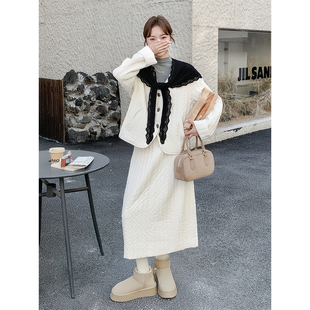 今年流行穿搭三件套女秋冬新款米白色夹棉条纹轻薄棉服半身裙套装