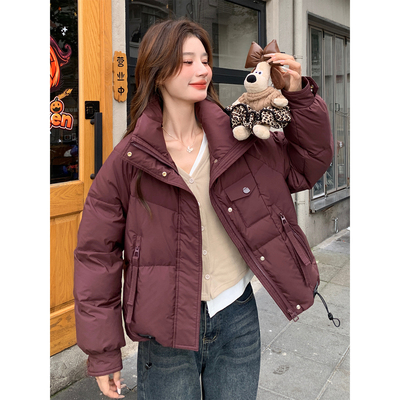2025冬季暗红色短款羽绒服外套女