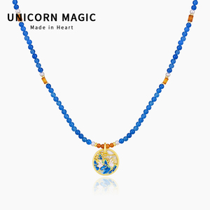 新中式仙鹤贝母圆牌吊坠天然石蓝色串珠项链2024新款复古锁骨链