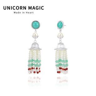 新中式天河石贝母串珠流苏耳环夸张复古民族风耳饰轻奢高级感耳坠