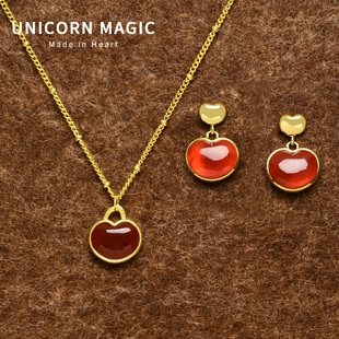 大小胖心天然红玛瑙爱心耳环设计感小众高级过年红色耳饰秋冬耳钉