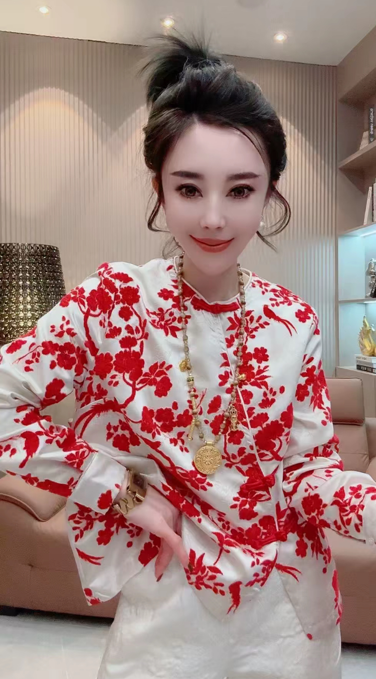 国风衬衫女2025春季新款新中式盘扣旗袍领花色高档流行上衣打底衫