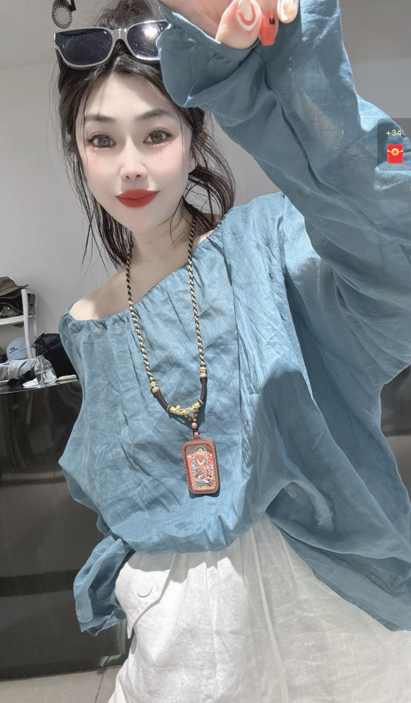 2024韩版新款轻薄棉麻露肩绑带防晒衫女甜美宽松长袖打底衫上衣潮