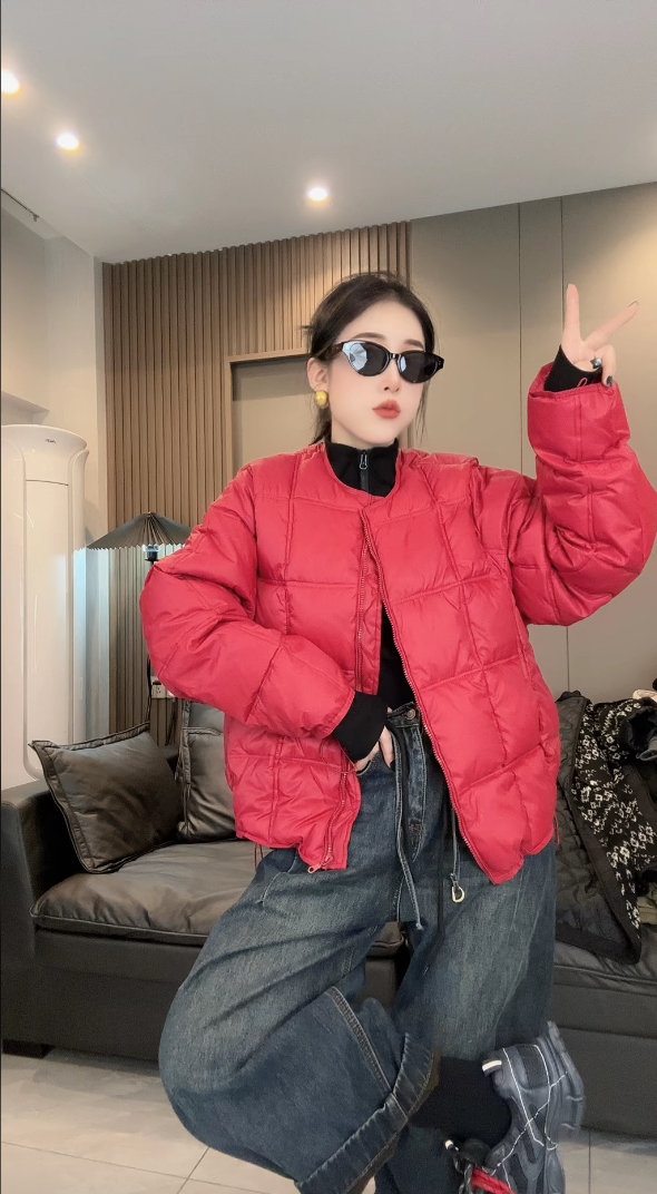 方块羽绒棉服女2025冬季新款宽松休闲韩版圆领加厚豆腐块外套