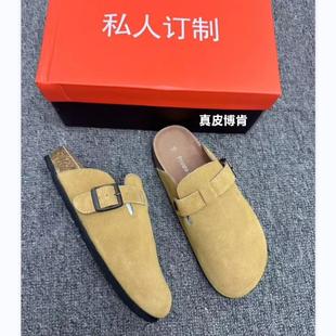 真皮勃肯鞋女厚底拖鞋外穿女博肯包头鞋休闲半包复古半拖懒人鞋