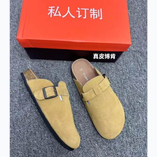 真皮勃肯鞋女厚底拖鞋外穿女博肯包头鞋休闲半包复古半拖懒人鞋