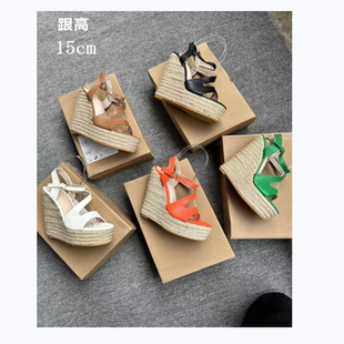 超高跟坡跟15cm时尚走秀女凉鞋夜店防水台脚腕绑带女鞋大码