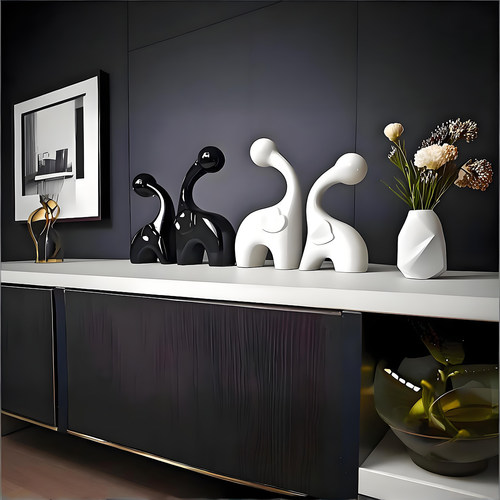 现代简约陶瓷黑白大象摆件客厅