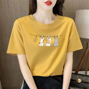 休闲简约洋气印花半袖 t恤女夏季 打底上衣服 100%纯棉短袖 即墨正品