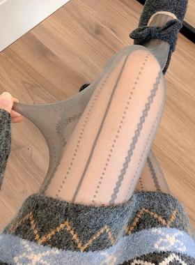 jk灰色丝袜女春夏薄款防勾丝奶白色连裤袜竖条纹蕾丝打底袜黑丝袜