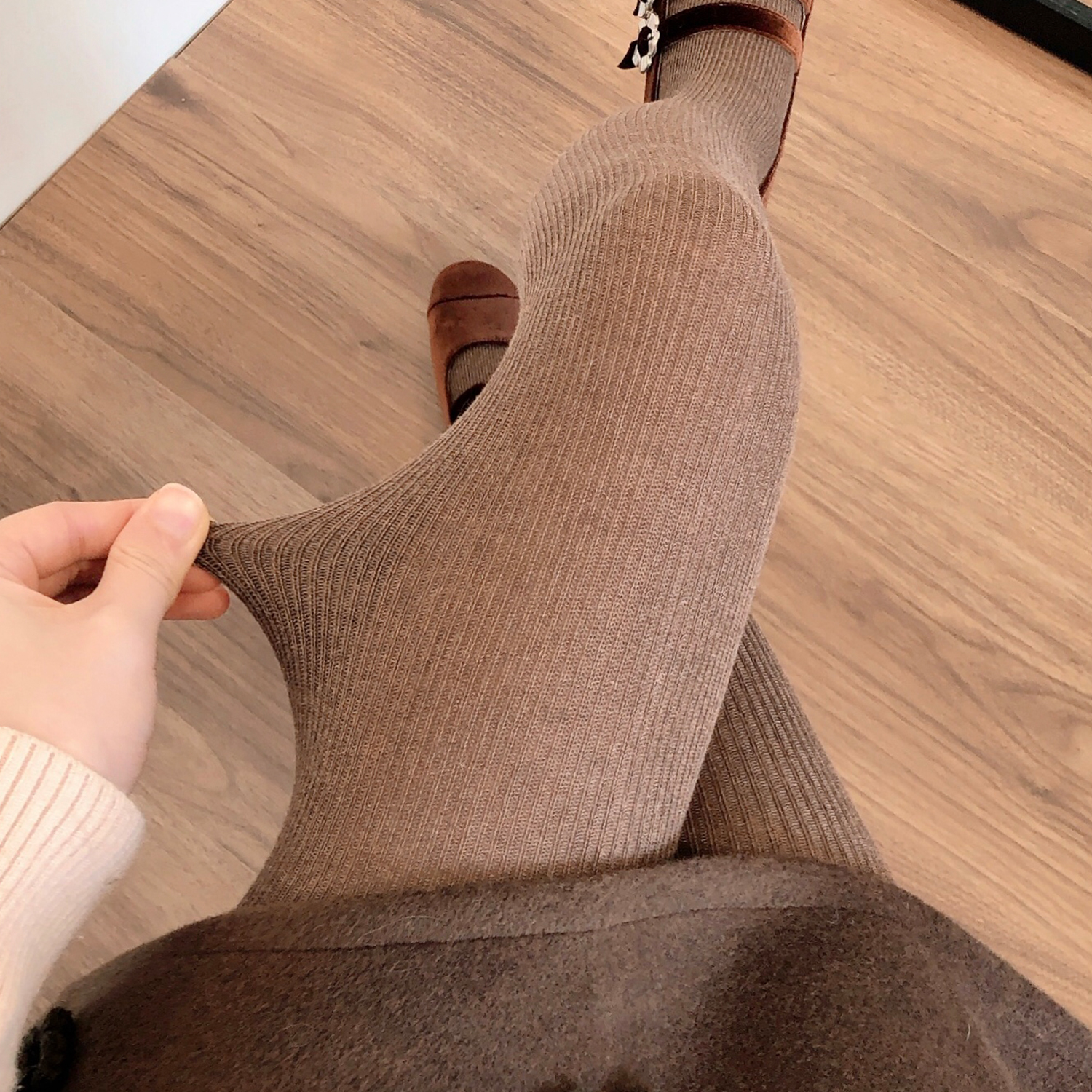 秋冬加厚咖啡色打底裤保暖显瘦灰色连裤袜棉针织条纹奶白色打底袜