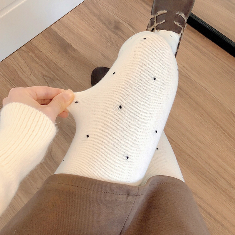 加绒白色波点连裤袜烟灰色打底袜