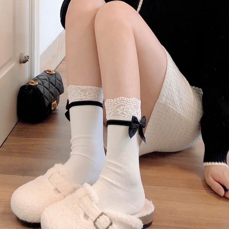 蕾丝花边白色小腿袜女灰色中筒袜
