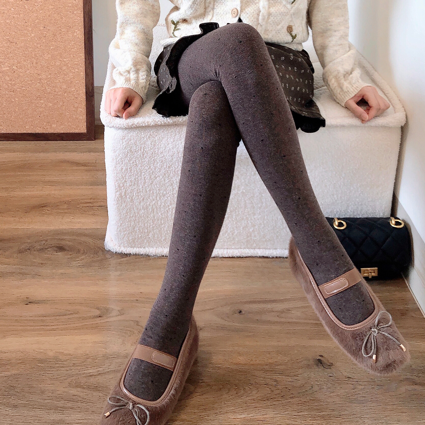 美拉德咖色打底袜烟灰波点连裤袜