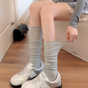浅灰色小腿袜女春夏薄款条纹棉JK米白色中筒袜lolita甜美堆堆袜子