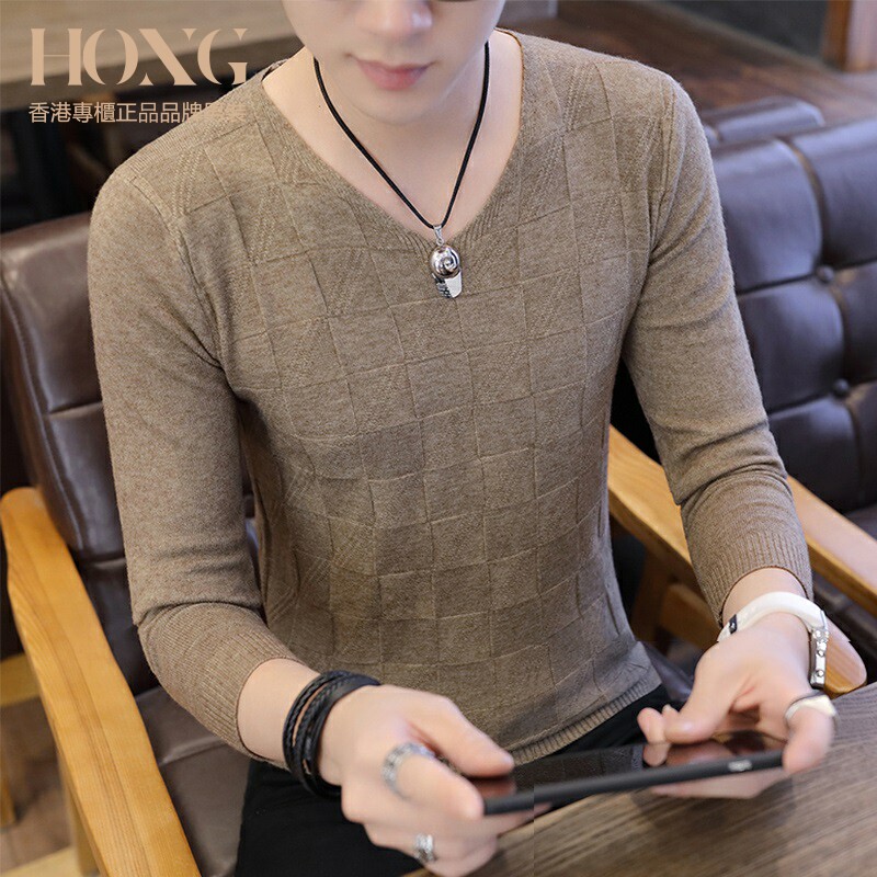 男士长袖T恤V领薄款羊毛针织衫修身秋衣潮流内搭纯色毛衣打底衫