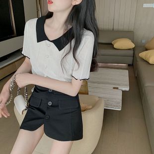 修身 2025夏时尚 甜美polo小衫 学院风针织短袖 上衣 娃娃领上衣女薄款