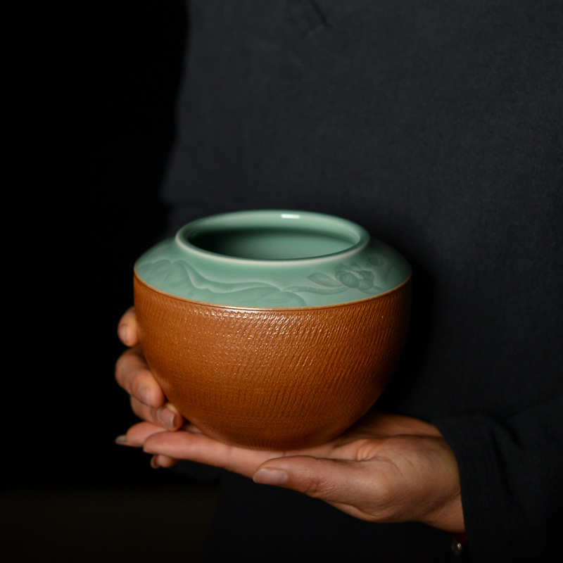 张浩青瓷梅子青全手工茶渣缸