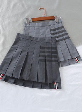 正版TB四条杠短裙女，外贸单半身裙 前后不规则开叉a字高腰百褶裙