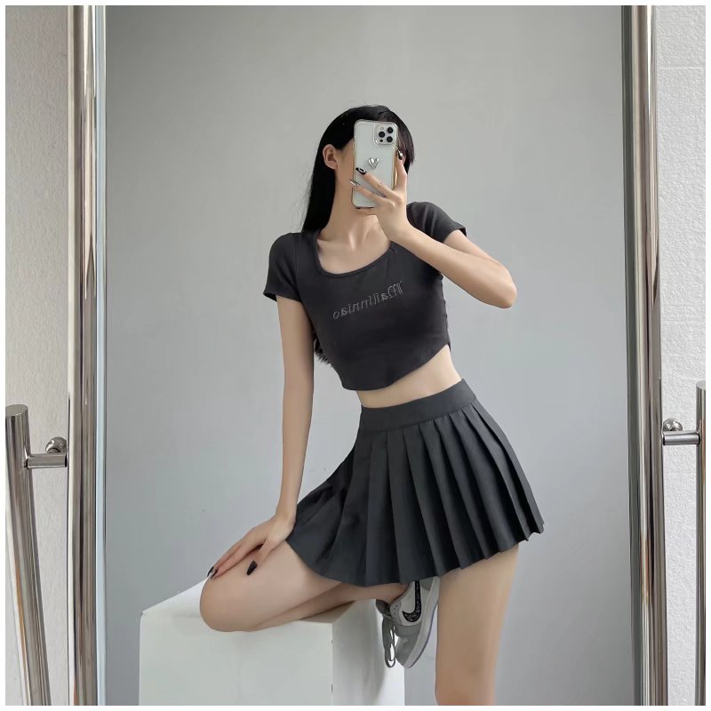 TB版西装面料百褶裙中腰短裙女学院风显腿长防走光裙子a字半身裙